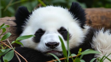 Close up of a giant panda peacefully sleeping with its face resting on its paws, nature, close up, nap