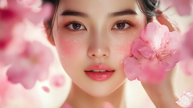 An artistic beauty portrait of an Asian woman with dewy skin, softly pressing an organic skincare product into her cheeks, delicate flower petals resting on her skin, natural and fresh aesthetic,