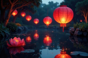Chinese lanterns float gently in the air above a garden pond at dusk, Water, Night, Pond