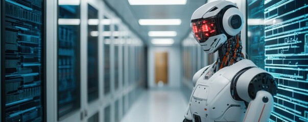 Data science utilizes algorithmic tools. Futuristic robot in a high-tech data center environment.