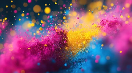 artistic abstract background with splashes of vibrant Holi colors, blending dynamically in a swirling pattern. The soft bokeh effect adds depth.