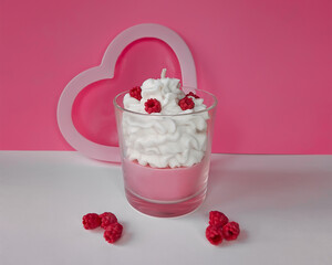 yogurt with raspberries 
dessert cream candle