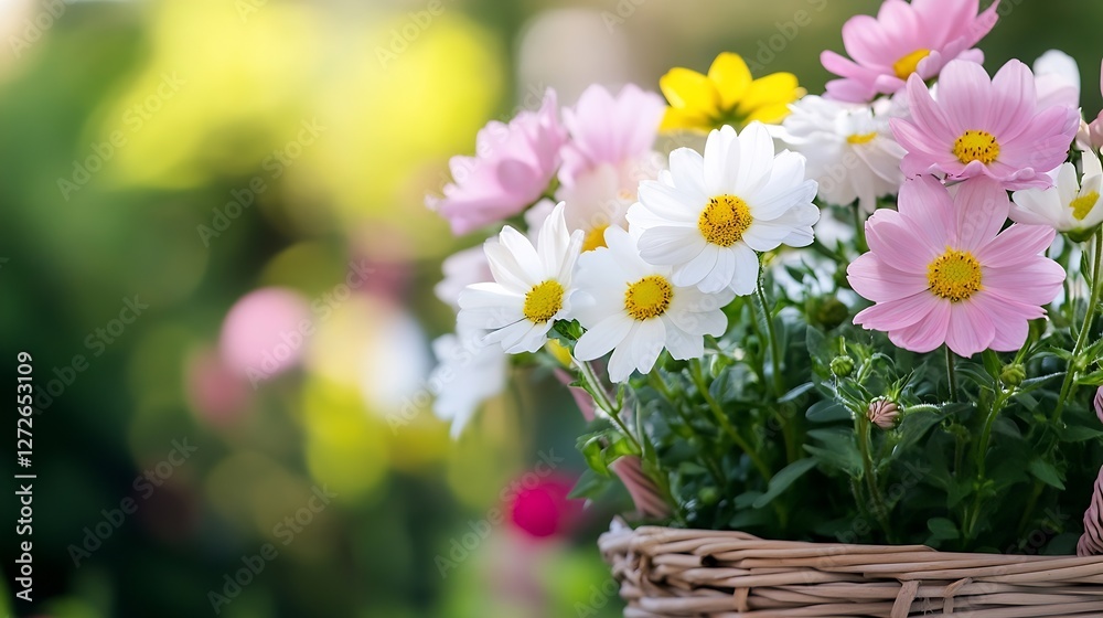 Poster a vibrant bouquet of mixed flowers in a woven basket creating a cheerful spring atmosphere : generat