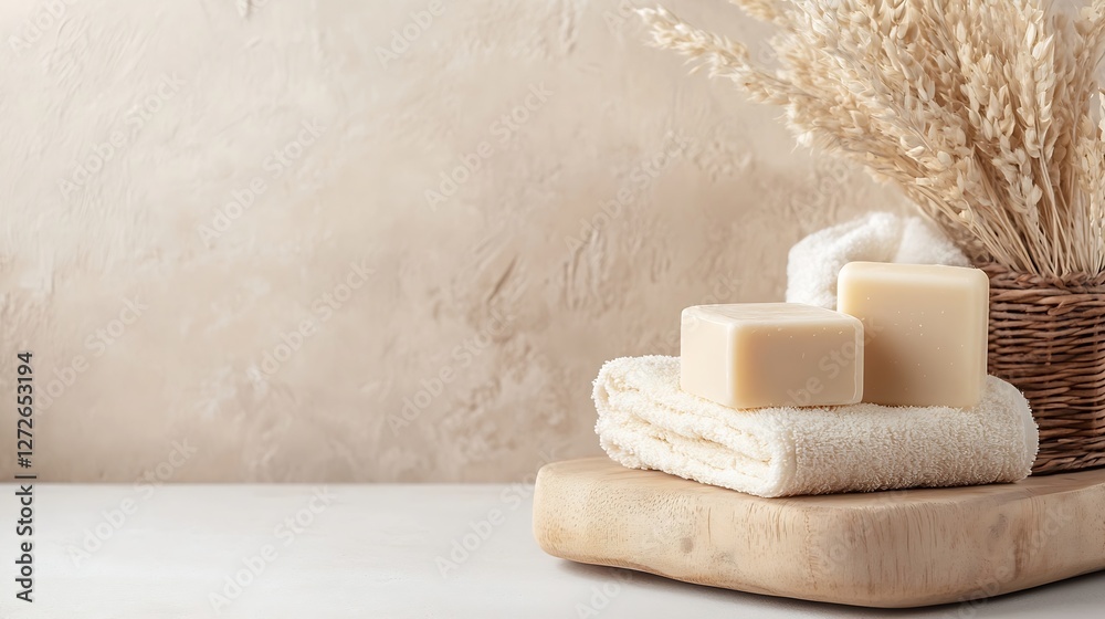Aufkleber elegant handcrafted soap on wooden tray with soft towels and dried flowers in natural setting : gene