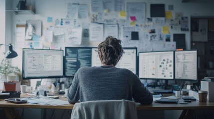 Obraz premium A frustrated developer encountering persistent bugs in a minimalist office. Featuring error logs on multiple monitors