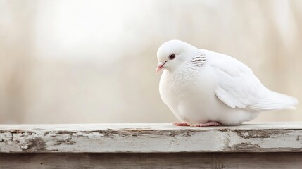 Obraz premium Soft and gentle white dove perched on a wooden surface with a calm and serene background : Generative AI