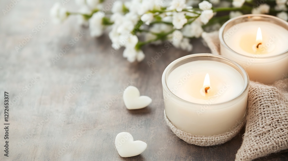 Poster serene arrangement of candles and flowers on a rustic wooden table : generative ai