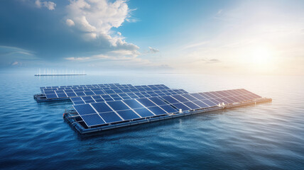Floating solar panels on calm ocean under bright sky