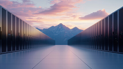 Futuristic eco friendly data center with mountain view at sunset