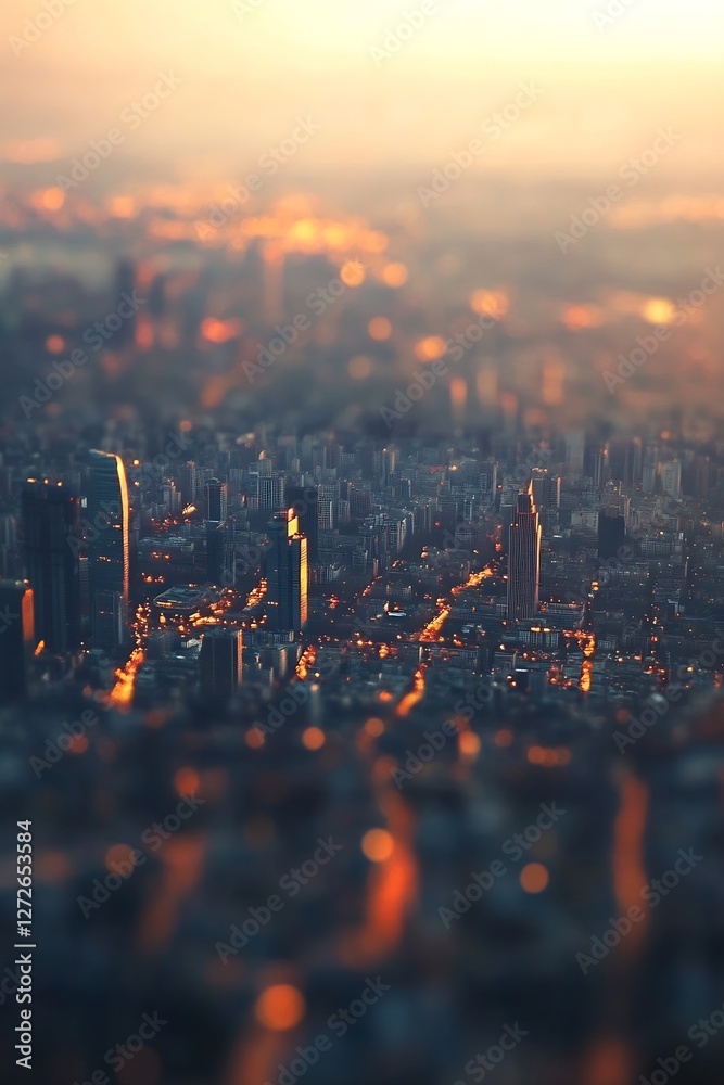 Poster Cityscape View with Blurred Lights and Buildings in Evening Twilight Glow : Generative AI