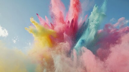 explosion of vibrant Holi powder in mid-air, featuring bold hues of pink, blue, yellow, and green against a clean white background.