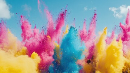 explosion of vibrant Holi powder in mid-air, featuring bold hues of pink, blue, yellow, and green against a clean white background.