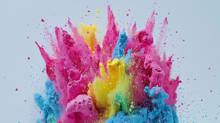 explosion of vibrant Holi powder in mid-air, featuring bold hues of pink, blue, yellow, and green against a clean white background.