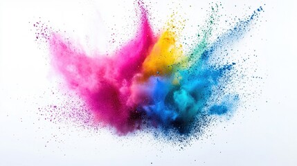 explosion of vibrant Holi powder in mid-air, featuring bold hues of pink, blue, yellow, and green against a clean white background.