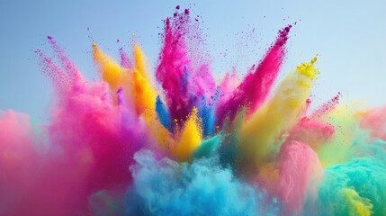explosion of vibrant Holi powder in mid-air, featuring bold hues of pink, blue, yellow, and green against a clean white background.