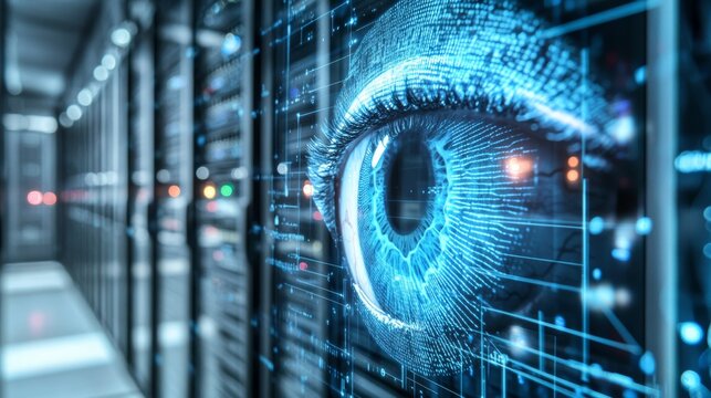 Holographic Eye Projection in Secure Server Room Showcasing Biometric Authentication