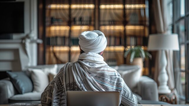 Back view of a young man in a turban with a laptop sitting at the table in the living room