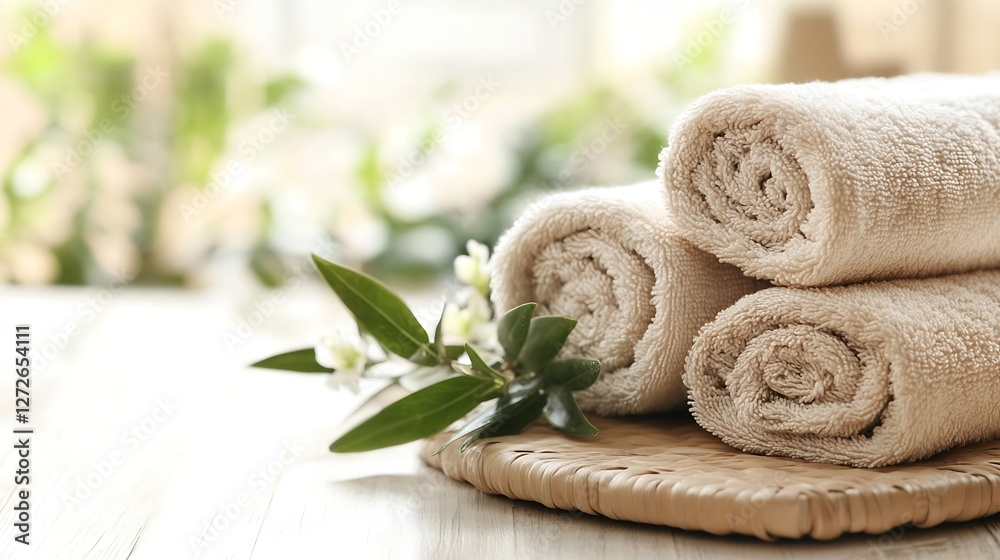 Poster soft beige towels rolled up on a natural mat surrounded by greenery for a calming bathroom experienc