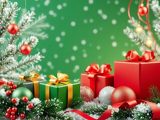 Christmas decorations including gift boxes placed on a snowy background in a 3D rendering, decorations, winter, gift boxes