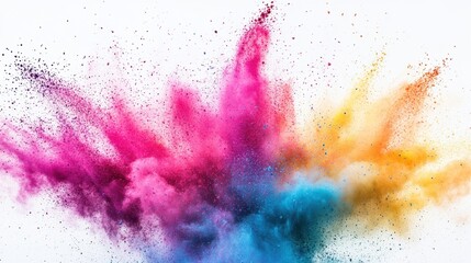 explosion of vibrant Holi powder in mid-air, featuring bold hues of pink, blue, yellow, and green against a clean white background.