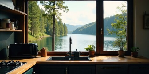 Fototapeta premium Cozy black kitchen by the lake with a toaster and coffee maker on the wooden counter top, , warm lighting, homey feel