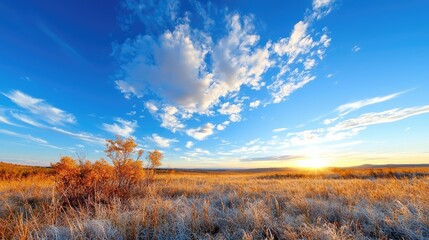 Fototapeta premium Golden Prairie Sunset Serene autumn landscape, frost-kissed grass under a vibrant sky. Ideal for travel brochures