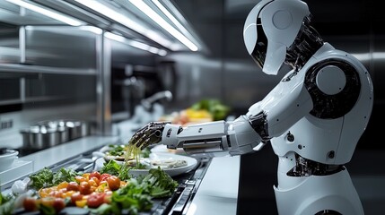 Fototapeta premium A sleek robot chef preparing gourmet dishes in a high-tech kitchen