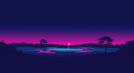 Naklejka premium Serene twilight golf course scene with a flag on the green, surrounded by trees and a colorful sky