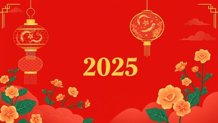 Chinese greeting banner for 2025 new year and Christmas with golden flowers, clouds, lantern, snake silhouette on red background, flowers, new year, Christmas