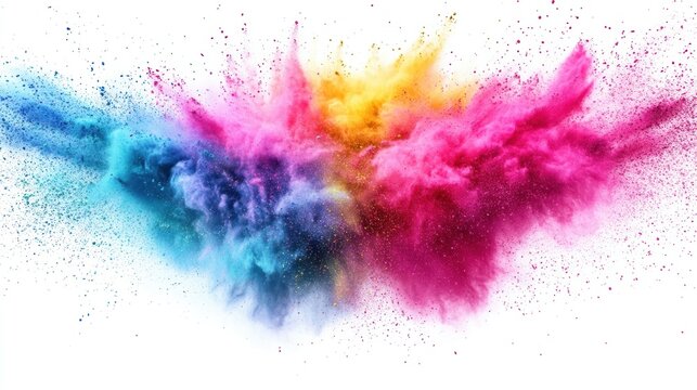 explosion of vibrant Holi powder in mid-air, featuring bold hues of pink, blue, yellow, and green against a clean white background. - Powered by Adobe