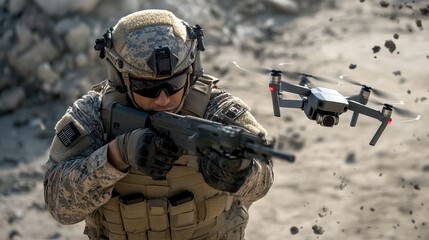 Fototapeta premium Soldier aiming rifle with drone surveillance nearby