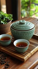 Teal Ceramic Tea Set On Wooden Table