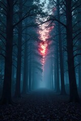 Fototapeta premium Dark forest at dusk with trees fading into darkness, mysterious, tree