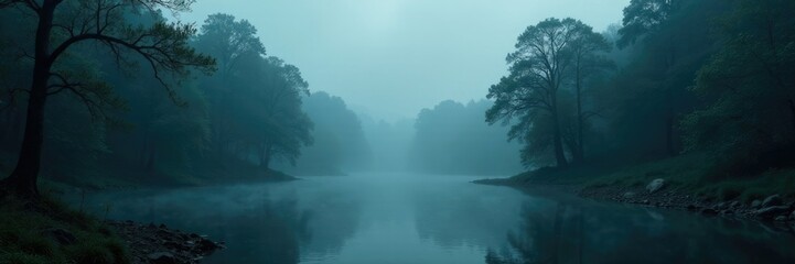 Fototapeta premium Dark forest with foggy atmosphere and misty river bank, water, mist