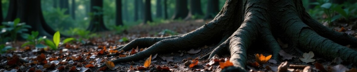 Fototapeta premium Dark forest with gnarled tree roots on black plate background, earthy, natural, texture