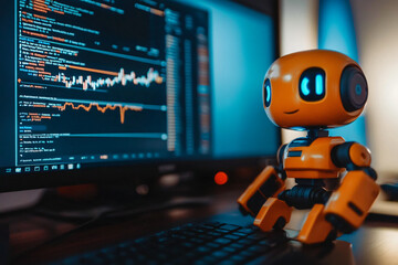 Innovative AI Robot Analyzing Data on Monitor in a Futuristic Digital Workspace