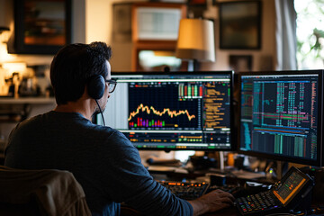 Advanced Stock Market Trading Analysis: Professional Trader at Home Office Workstation Using Digital Tools for Financial Growth and Investment Strategy, Featuring Detailed Charts and Financial Graphs