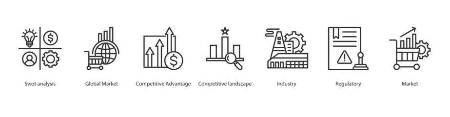 Naklejka premium SWOT Analysis Outline Icon Sheet Competitive landscape, Industry, Regulatory, Market, Global Market, Swot analysis, Competitive Advantage