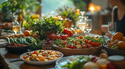 A cheerful family enjoying a farm-to-table vegetarian dinner, a beautifully arranged table filled with fresh organic vegetables, homemade dips, and seasonal fruit, warm ambient lighting,