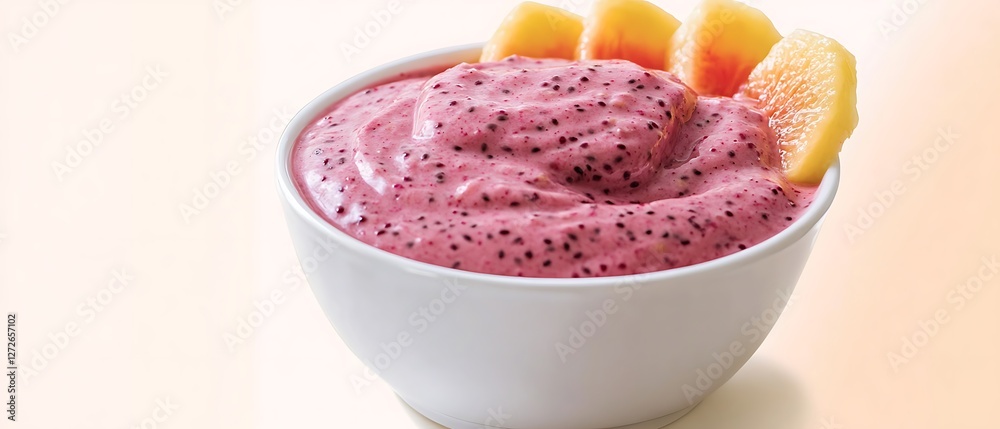 Canvas Prints Dessert pink smoothie, mango garnish, served in bowl on light background. Use for food blog