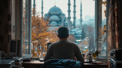 A young Muslim man is working on his laptop in front of a mosque