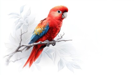 Fototapeta premium Vibrant red parrot with blue and yellow wings perched on a branch against a clean white background.