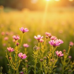 Delicate pink wildflowers scattered across a golden landscape, field, countryside