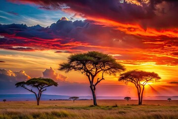 Fototapeta premium Kenyan sunset blazes, acacia trees silhouetted against the Masai Mara's vibrant sky.