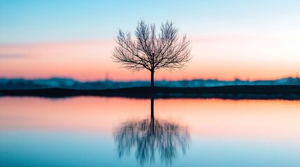 Lonely Tree Silhouette Reflecting on a Calm Reflective Water Surface at Sunset : Generative AI