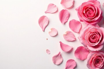 Fototapeta premium delicate rose petals scattered on a white background, leaves, white, garden