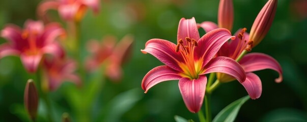 Fototapeta premium Delicate star-shaped flowers with maroon lily petals unfolding in a garden, nature, lilies