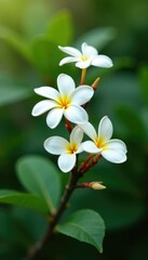 Fototapeta premium Delicate white frangipani blooms on a slender branch, tree, garden, slender