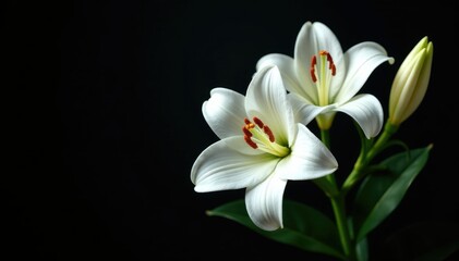 Delicate white lily flowers blooming on a dark velvet background, soft petals, black velvet