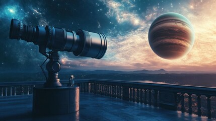 Celestial Observation: A Giant Telescope on a Balcony Overlooking a Cityscape with Jupiter in the Night Sky